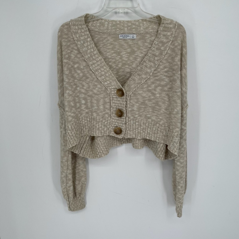 Arizona Jean Co Women's Beige‎ V-Neck Button Front Crop Cardigan Sweater Size S